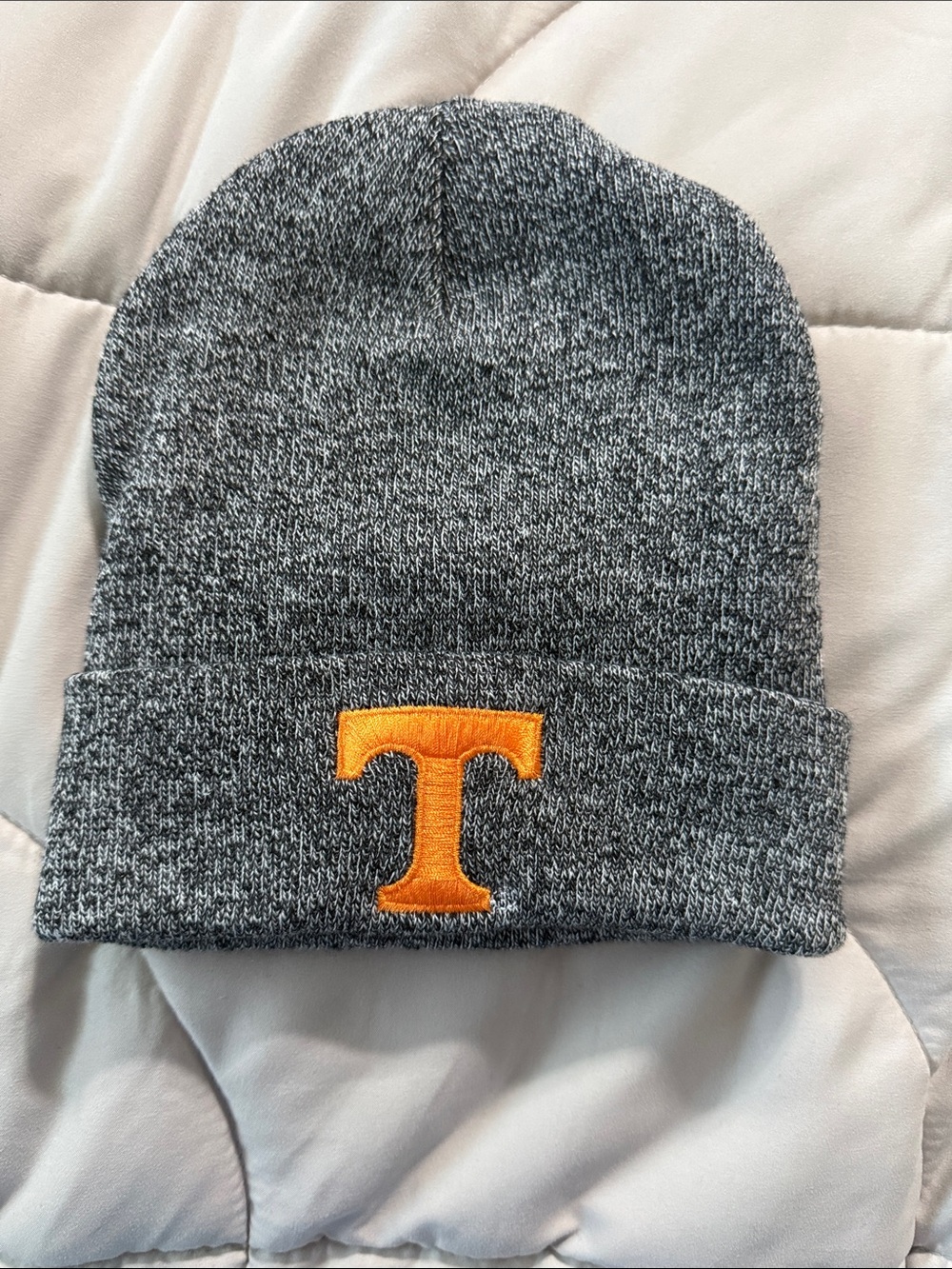 Gray Knit Beanie with Orange 'T' Patch